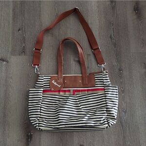 Babymel Cara Navy & Brown Leather Stripe Baby Diaper Bag, New
